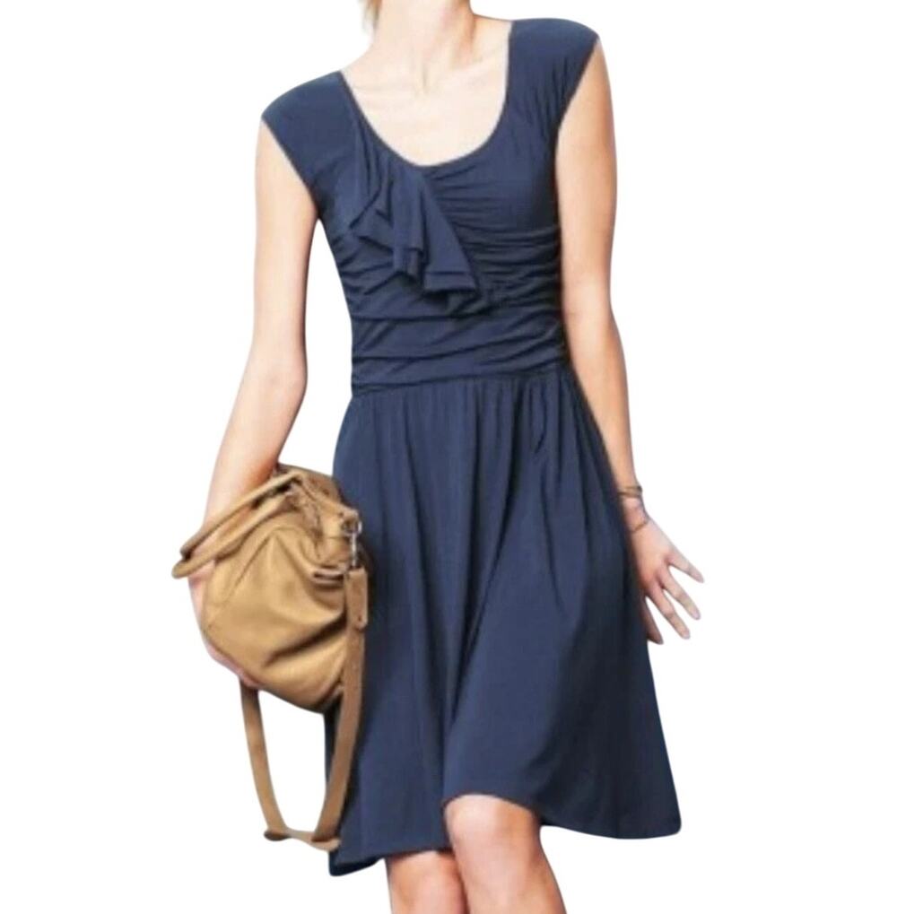 Garnet Hill Piazza Ruffle Dress Size XS Cap Sleeve Stretch Knit Fit Flare Comfy